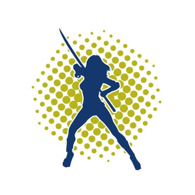 Bir kadın savaşçının silueti kılıç ile hareket halindeyken poz veriyor. Kılıcıyla bir kadın kahramanın silüeti..