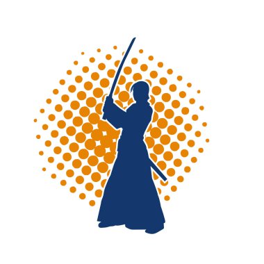 Samuray bir savaşçının silueti. Katana kılıcıyla poz veriyor.