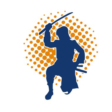 Samuray bir savaşçının silueti. Katana kılıcıyla poz veriyor.