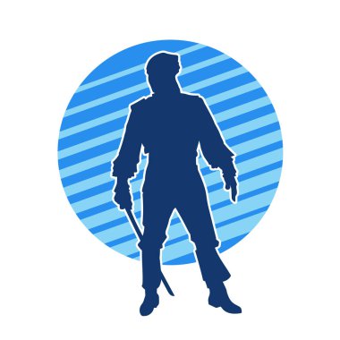 Elinde kılıç tutan korsan kostümlü bir adamın silueti. Bir kılıç ustasının silueti silahıyla poz veriyor..