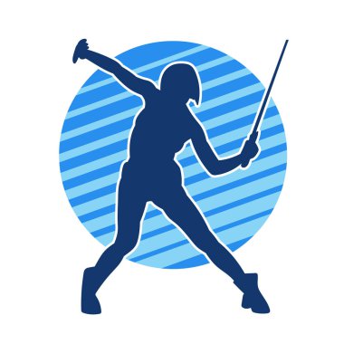 Bir kadın savaşçının silueti kılıç ile hareket halindeyken poz veriyor. Kılıcıyla bir kadın kahramanın silüeti..