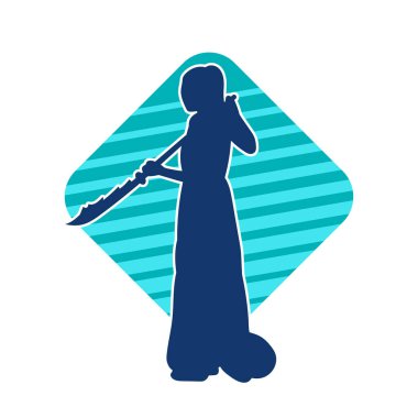 Bir kadın savaşçının silueti Polearm fauchard silahıyla poz veriyor.