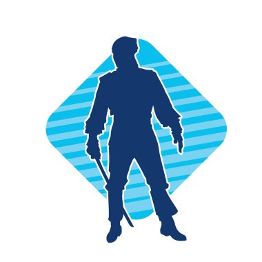 Elinde kılıç tutan korsan kostümlü bir adamın silueti. Bir kılıç ustasının silueti silahıyla poz veriyor..