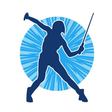 Bir kadın savaşçının silueti kılıç ile hareket halindeyken poz veriyor. Kılıcıyla bir kadın kahramanın silüeti..