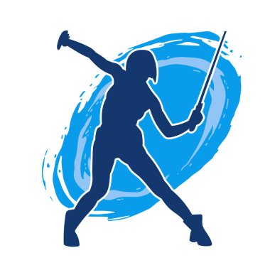 Bir kadın savaşçının silueti kılıç ile hareket halindeyken poz veriyor. Kılıcıyla bir kadın kahramanın silüeti..