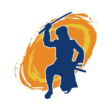 Samuray bir savaşçının silueti. Katana kılıcıyla poz veriyor.