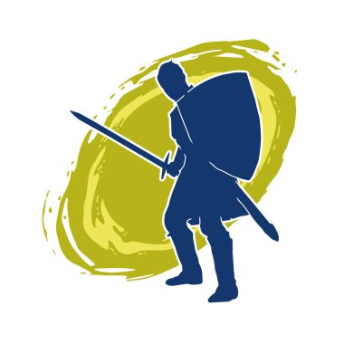 Savaş zırhlı bir erkek savaşçının silueti. Kılıç ve demir kalkan taşıyor..