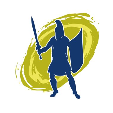 Savaş zırhlı bir erkek savaşçının silueti. Kılıç ve demir kalkan taşıyor..