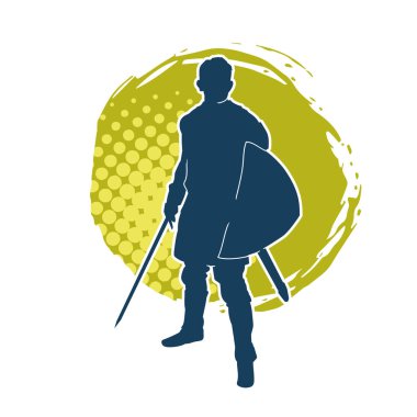 Savaş zırhlı bir erkek savaşçının silueti. Kılıç ve demir kalkan taşıyor..