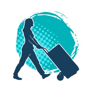 Depo çalışanının silueti bir lori çizelgesi ya da kutuları taşıyan bir el arabası. Bir teslimat işçisi ya da kurye silueti bir araba dolusu kutuyla poz vermiş..