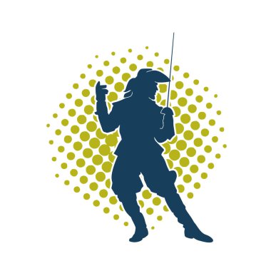 Kılıç taşıyan bir ortaçağ askeri ya da savaşçısının silueti. Şapkalı, korsan kostümlü bir erkek mankenin silueti..