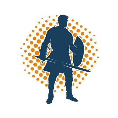 Savaş zırhlı bir erkek savaşçının silueti. Kılıç ve demir kalkan taşıyor..