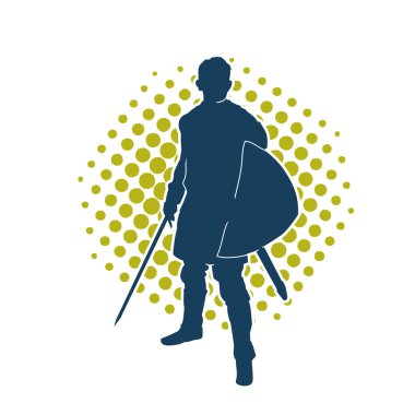 Savaş zırhlı bir erkek savaşçının silueti. Kılıç ve demir kalkan taşıyor..