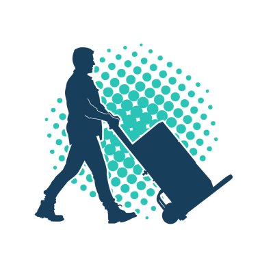 Depo çalışanının silueti bir lori çizelgesi ya da kutuları taşıyan bir el arabası. Bir teslimat işçisi ya da kurye silueti bir araba dolusu kutuyla poz vermiş..