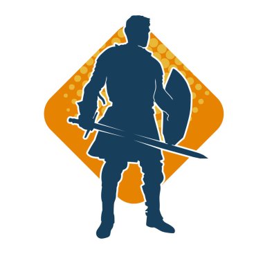 Savaş zırhlı bir erkek savaşçının silueti. Kılıç ve demir kalkan taşıyor..