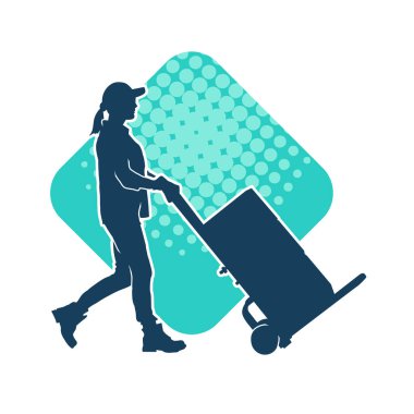 Depo çalışanının silueti bir lori çizelgesi ya da kutuları taşıyan bir el arabası. Bir teslimat işçisi ya da kurye silueti bir araba dolusu kutuyla poz vermiş..