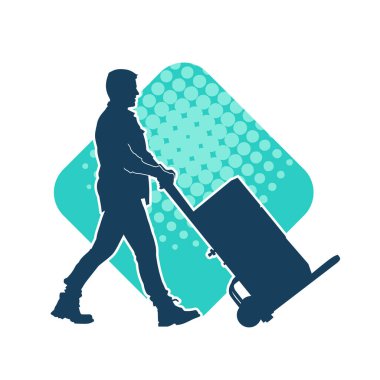 Depo çalışanının silueti bir lori çizelgesi ya da kutuları taşıyan bir el arabası. Bir teslimat işçisi ya da kurye silueti bir araba dolusu kutuyla poz vermiş..