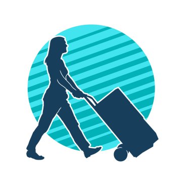 Depo çalışanının silueti bir lori çizelgesi ya da kutuları taşıyan bir el arabası. Bir teslimat işçisi ya da kurye silueti bir araba dolusu kutuyla poz vermiş..