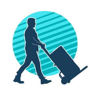 Depo çalışanının silueti bir lori çizelgesi ya da kutuları taşıyan bir el arabası. Bir teslimat işçisi ya da kurye silueti bir araba dolusu kutuyla poz vermiş..