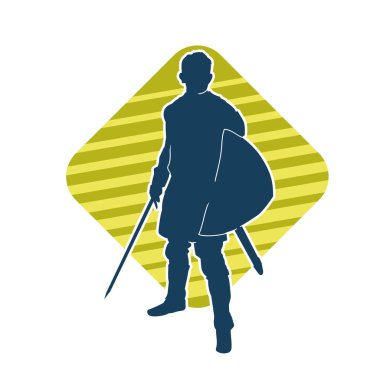 Savaş zırhlı bir erkek savaşçının silueti. Kılıç ve demir kalkan taşıyor..