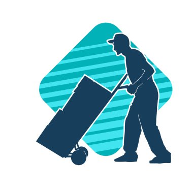 Depo çalışanının silueti bir lori çizelgesi ya da kutuları taşıyan bir el arabası. Bir teslimat işçisi ya da kurye silueti bir araba dolusu kutuyla poz vermiş..