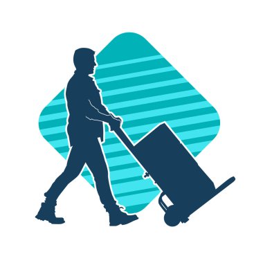 Depo çalışanının silueti bir lori çizelgesi ya da kutuları taşıyan bir el arabası. Bir teslimat işçisi ya da kurye silueti bir araba dolusu kutuyla poz vermiş..