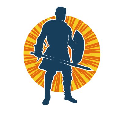 Savaş zırhlı bir erkek savaşçının silueti. Kılıç ve demir kalkan taşıyor..