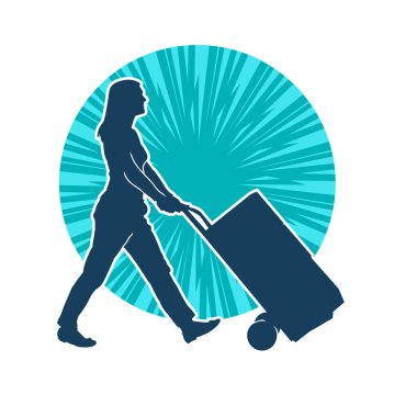 Depo çalışanının silueti bir lori çizelgesi ya da kutuları taşıyan bir el arabası. Bir teslimat işçisi ya da kurye silueti bir araba dolusu kutuyla poz vermiş..