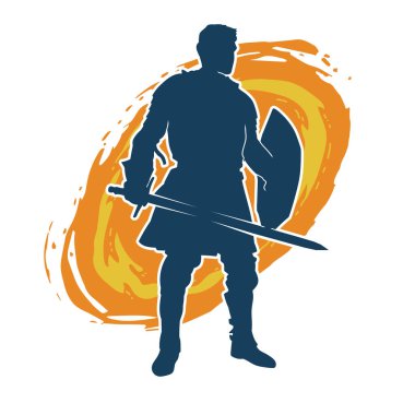 Savaş zırhlı bir erkek savaşçının silueti. Kılıç ve demir kalkan taşıyor..