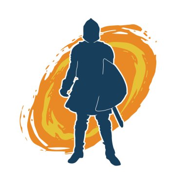 Savaş zırhlı bir erkek savaşçının silueti. Kılıç ve demir kalkan taşıyor..