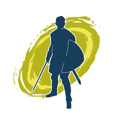 Savaş zırhlı bir erkek savaşçının silueti. Kılıç ve demir kalkan taşıyor..