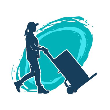 Depo çalışanının silueti bir lori çizelgesi ya da kutuları taşıyan bir el arabası. Bir teslimat işçisi ya da kurye silueti bir araba dolusu kutuyla poz vermiş..