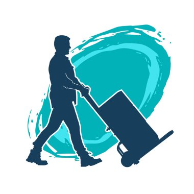 Depo çalışanının silueti bir lori çizelgesi ya da kutuları taşıyan bir el arabası. Bir teslimat işçisi ya da kurye silueti bir araba dolusu kutuyla poz vermiş..