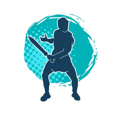 Bir erkek savaşçının silueti kılıçla poz veriyor. Kılıç taşıyan bir savaşçının silueti..