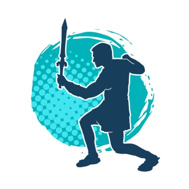 Bir erkek savaşçının silueti kılıçla poz veriyor. Kılıç taşıyan bir savaşçının silueti..