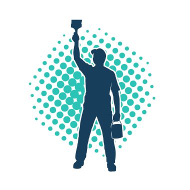 Boya işi yapan bir erkek işçinin silüeti. Bir iç ressamın silueti..