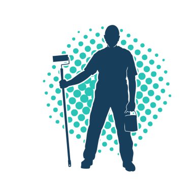 Boya işi yapan bir erkek işçinin silüeti. Bir iç ressamın silueti..