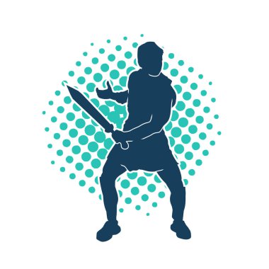 Bir erkek savaşçının silueti kılıçla poz veriyor. Kılıç taşıyan bir savaşçının silueti..