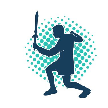 Bir erkek savaşçının silueti kılıçla poz veriyor. Kılıç taşıyan bir savaşçının silueti..