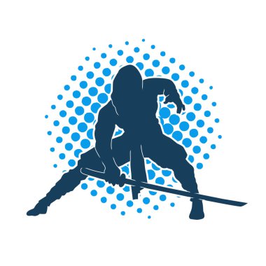 Katana kılıcı taşıyan dövüş sanatları kostümlü bir erkek dövüşçünün silueti.. 