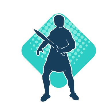 Bir erkek savaşçının silueti kılıçla poz veriyor. Kılıç taşıyan bir savaşçının silueti..