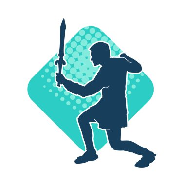 Bir erkek savaşçının silueti kılıçla poz veriyor. Kılıç taşıyan bir savaşçının silueti..