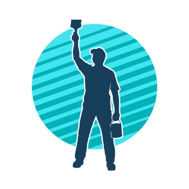 Boya işi yapan bir erkek işçinin silüeti. Bir iç ressamın silueti..