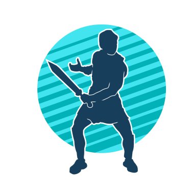 Bir erkek savaşçının silueti kılıçla poz veriyor. Kılıç taşıyan bir savaşçının silueti..