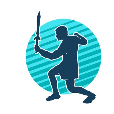 Bir erkek savaşçının silueti kılıçla poz veriyor. Kılıç taşıyan bir savaşçının silueti..