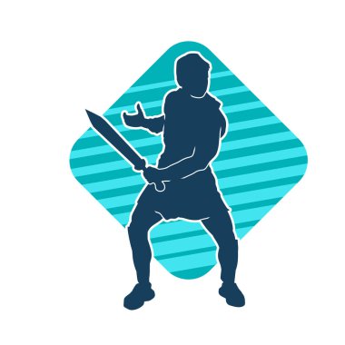 Bir erkek savaşçının silueti kılıçla poz veriyor. Kılıç taşıyan bir savaşçının silueti..