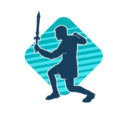 Bir erkek savaşçının silueti kılıçla poz veriyor. Kılıç taşıyan bir savaşçının silueti..