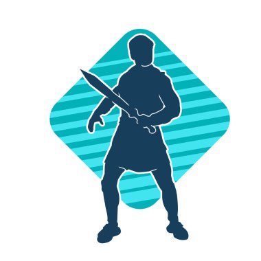 Bir erkek savaşçının silueti kılıçla poz veriyor. Kılıç taşıyan bir savaşçının silueti..