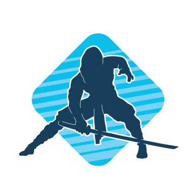 Katana kılıcı taşıyan dövüş sanatları kostümlü bir erkek dövüşçünün silueti.. 