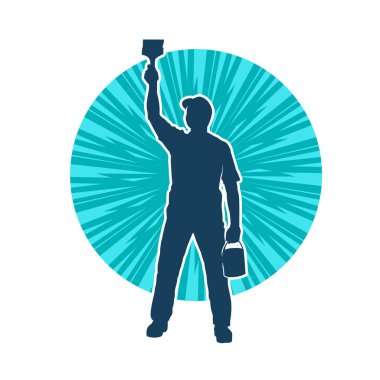 Boya işi yapan bir erkek işçinin silüeti. Bir iç ressamın silueti..